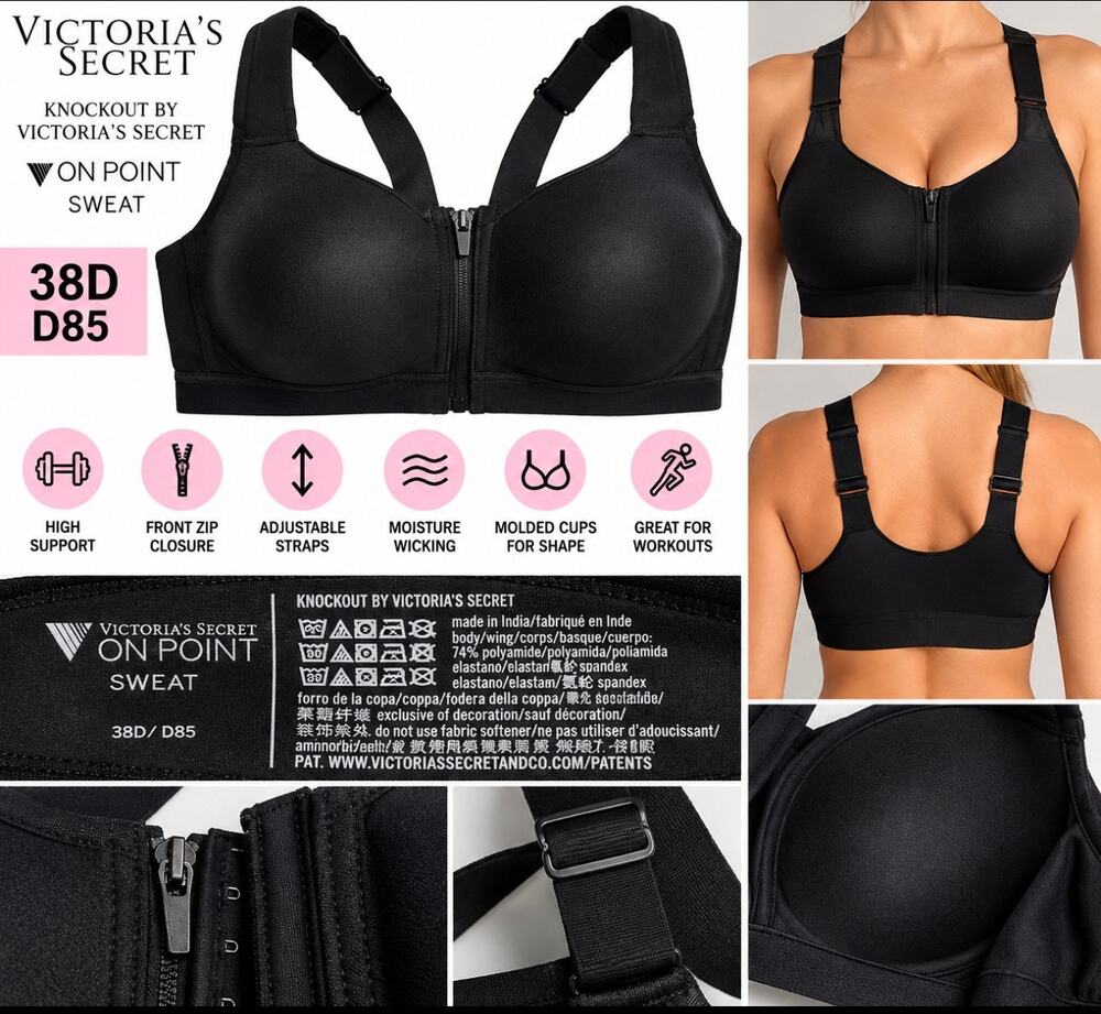 Victoria's Secret Knockout Sports Bra 38D Black Front Zip High Support NWOT